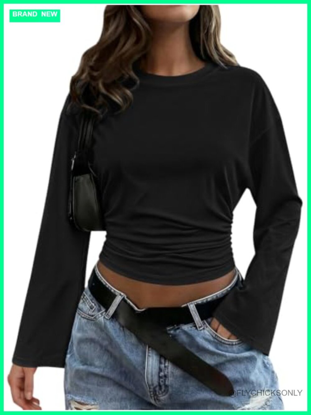 PRETTYGARDEN Bell Sleeve Cropped Top Lightweight Crewneck Fall Shirt